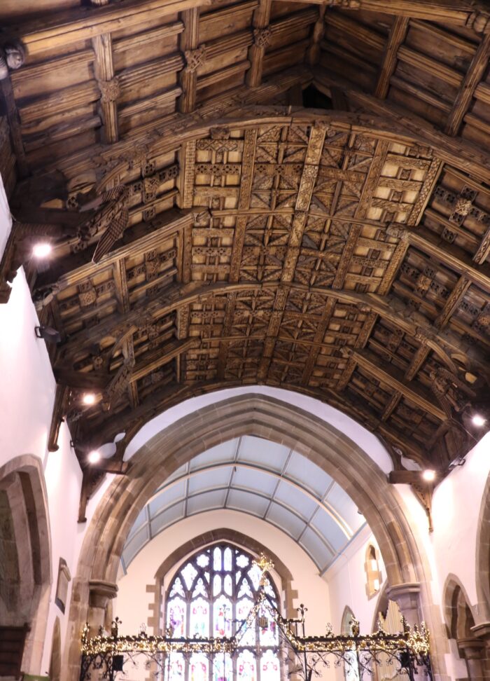 Orante wood ceiling of St. Collen Anglican Church, Llangollen, Wales